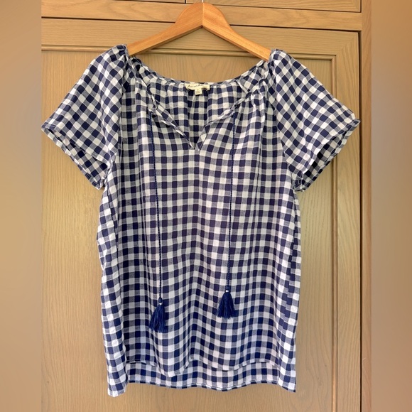 Jane and Delancey Blue and White Flowing Checkered Cotton Top Navy White Med - Picture 1 of 10